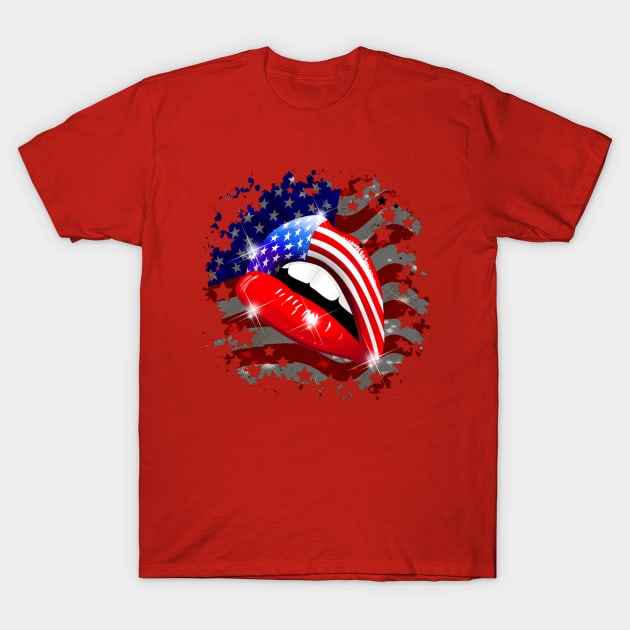 USA Flag Lipstick on Sensual Lips T-Shirt by BluedarkArt